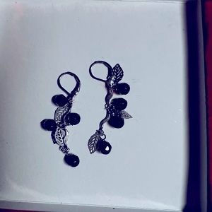 Black needs and silver leaf drop earrings